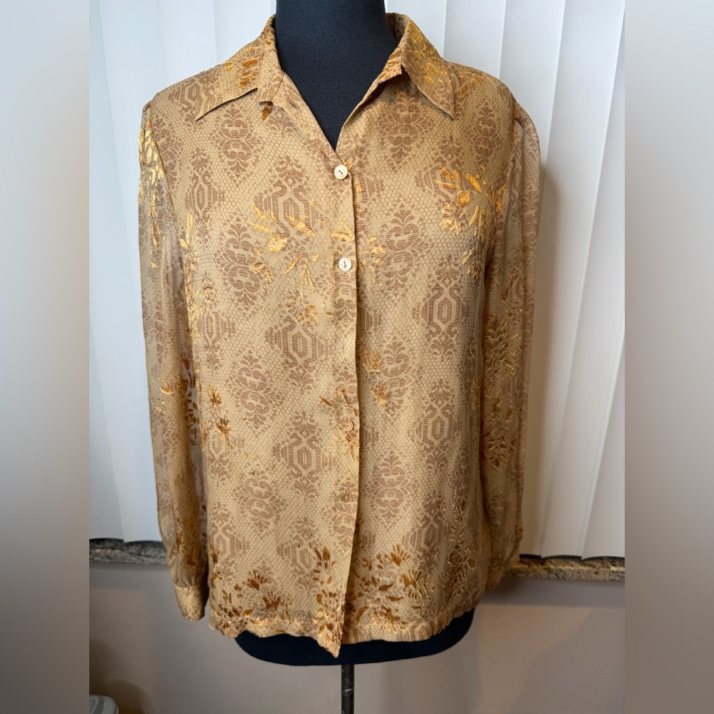 Josephine Chaus Silk Blend Gold Patterned Button-Up Blouse Career Size 10